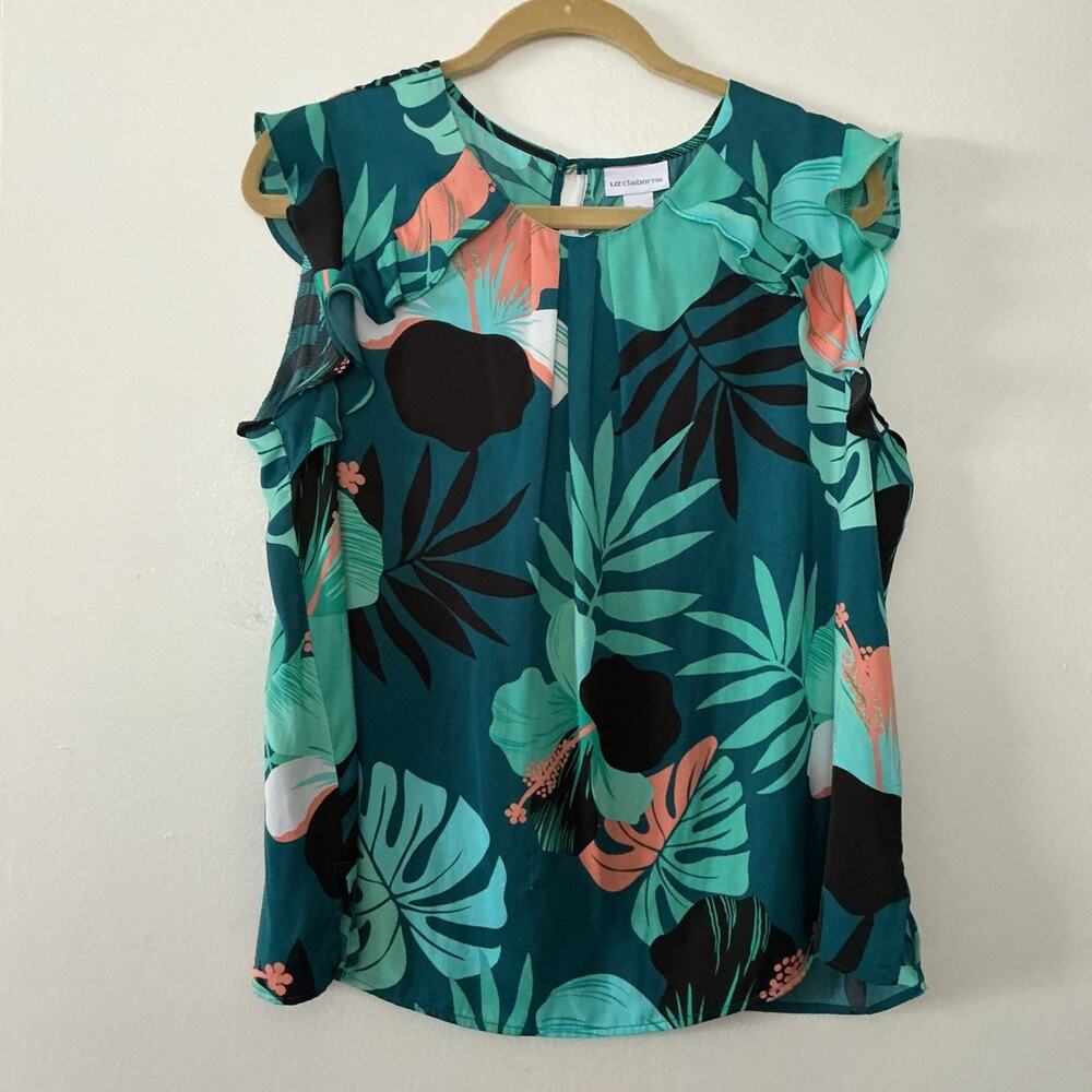 Liz Claiborne Petite PL Sleeveless Top Blue Teal Tropical Floral Resort Spa